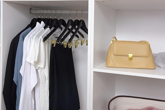 Quality Hangers Quality Wooden Skirt Hangers with Clips 80-Pack Black Pants Adjustable Gold Metal Clips, Swivel Hook, Coat, Jacket, Blouse Suit (Black - 80) 17.5'' - Image 3