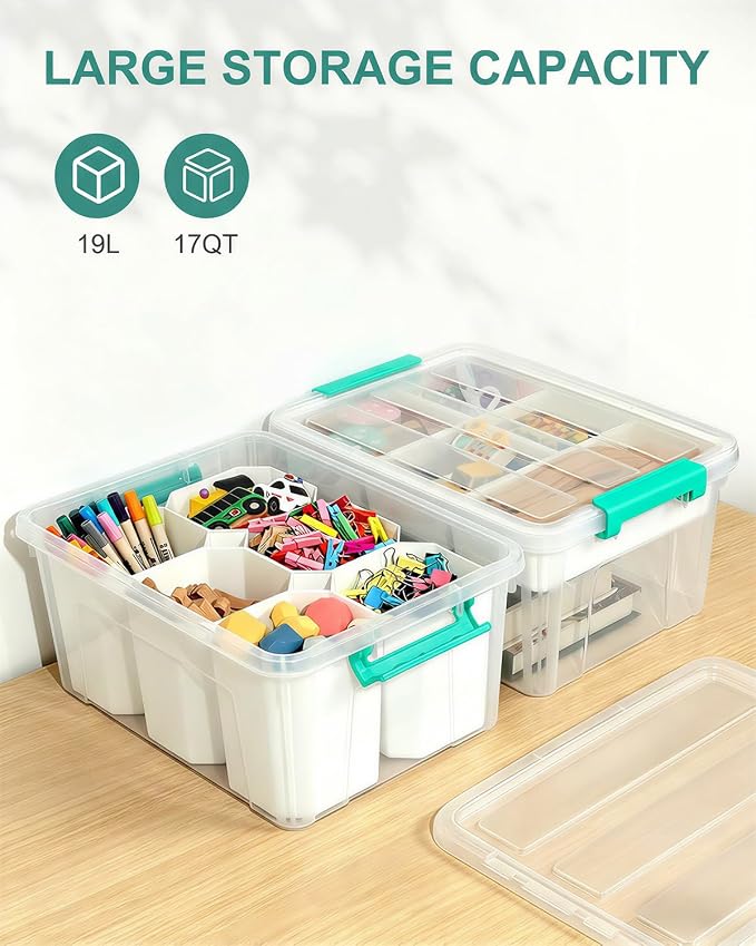 EOENVIVS Clear Storage Boxes with 6 Tall Inserts, Large Plastic Organizer Box with Lid and Handles, 15.94x11.61x7.28 Inches, Multi-Functional Container for Cosmetics, Toys, School Supplies - Image 7
