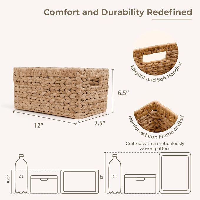 KOKODO Wicker Storage Basket Set of 2, Rectangular Baskets for Shelves with Handles & Chalkboard Labels, Handwoven Water Hyacinth Baskets for Organizing Pantry, Closet & Home. - Image 4