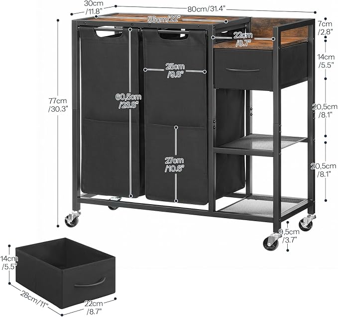 HOOBRO 2 Section Laundry Sorter with Shelf, 24 Gal. (90.8 L) Laundry Hamper with Wheels, Rolling Laundry Basket with Fabric Drawer, 3-Tier Shelves, Side Pockets, Black and Rustic Brown BF27XY01 - Image 2