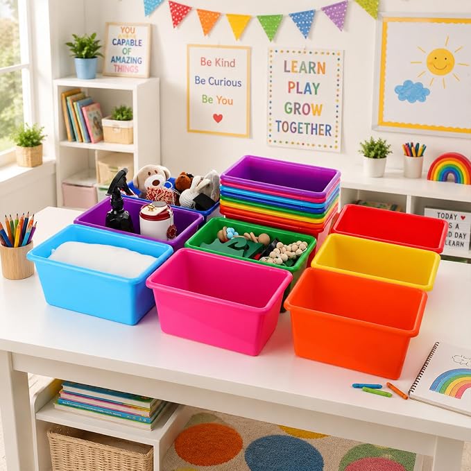 gisgfim 24 Pack Plastic Cubby Storage Bins Crew Toy Stackable Bin Classroom Plastic Cubby Bins Stackable Storage Containers Classroom Book Bin for Student Teacher School Office Home(Rainbow) - Image 4