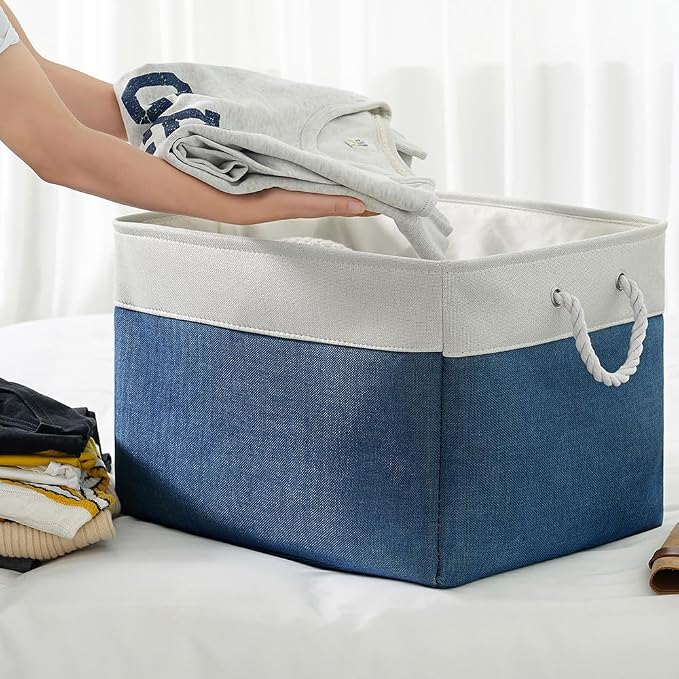 Organization and Storage Basket for Shelves - Jumbo 3 Pack 20x16x14 inch Collapsible Storage Bins for Organizing, Canves Storage Cubes for Gift Organizer Toys Closet (White & Jean Blue) - Image 4