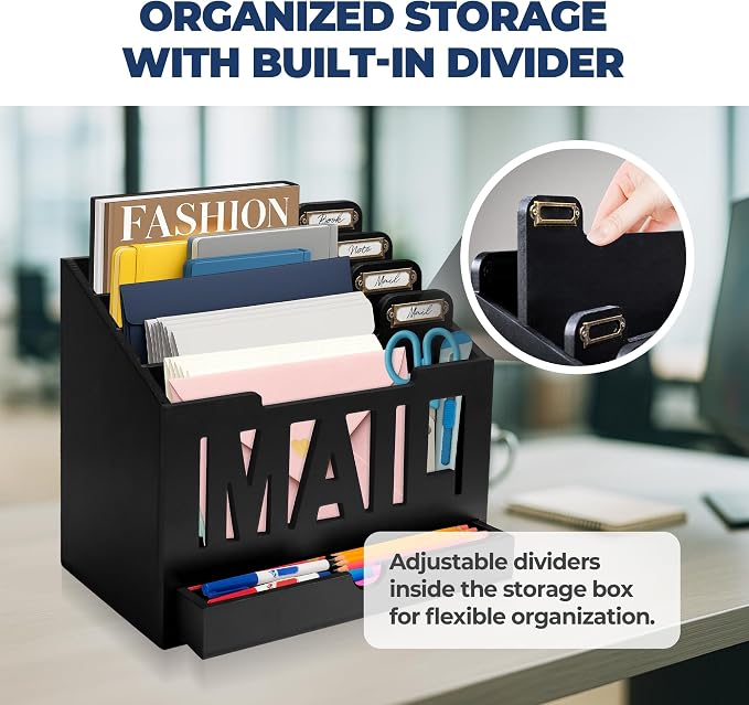 Mail Organizer Countertop, Desktop Mail Sorter with Drawer & Label Tags, BK | Bills, Letters, Envelopes & Receipts - Image 5