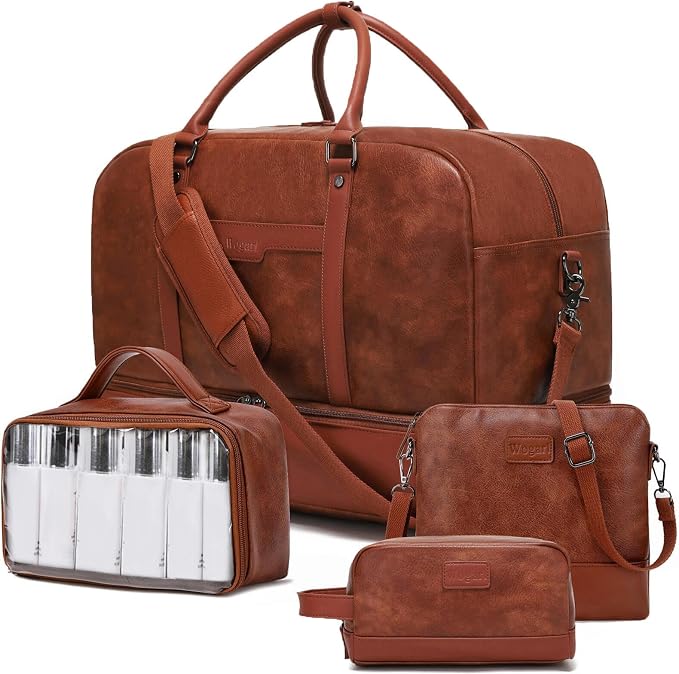 4-in-1 Waterproof Faux Leather Overnight Travel Bag for Women Men | Hospital Gym Weekender Bag Carry On Personal Item Travel Duffel Bags with Shoe Compartment Toiletry Bag Fit 21" Laptop by Wogarl
