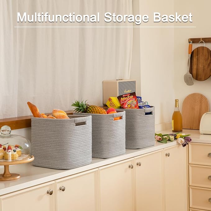 OIAHOMY Storage Cubes 11 Inch Bins-3-Pack, Cotton Rope Woven Baskets for Organizing, Square Storage Baskets for Shelves, Classroom, Kids Toy Bins, Closet, Baby Nursery-Grey - Image 6