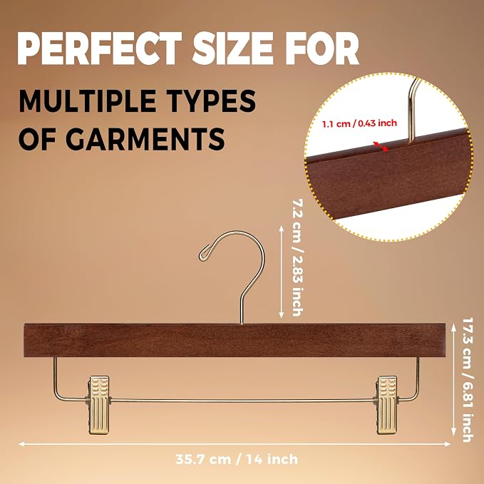 Quality Hangers Wooden Pants Hangers - 20-Pack Swivel Hook Cloth Hanger Set - Lotus Wood Skirt, Pant, Shorts and Slack Hangers with Adjustable Clip (Walnut - Gold Hook, 20) - Image 3