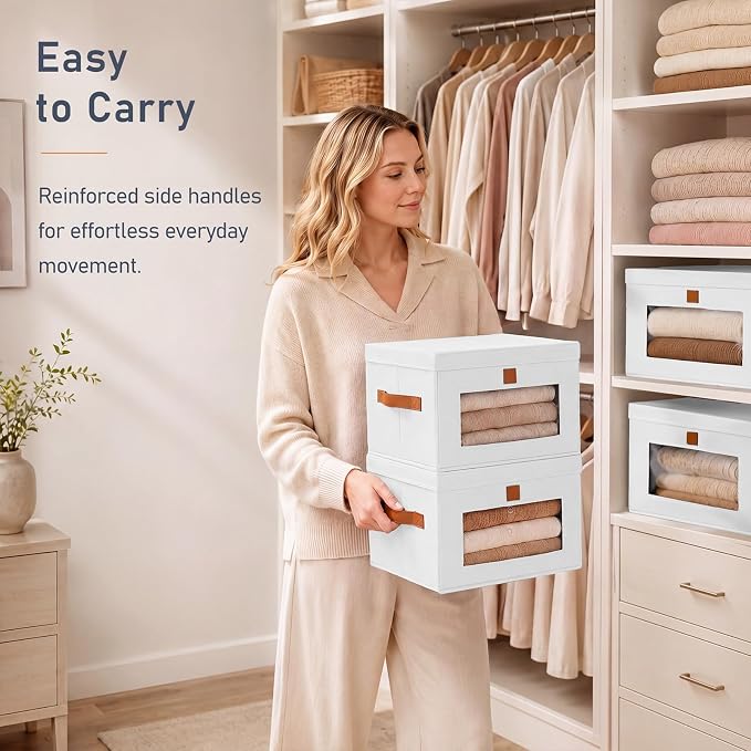 DIMJ Storage Bins with Lids - 6 Pack Front Opening Stackable Fabric Storage Boxes with Clear Window & Handles, Collapsible Closet Organizers for Clothes, Sweaters, Shelf Storage, Bedroom, White - Image 5
