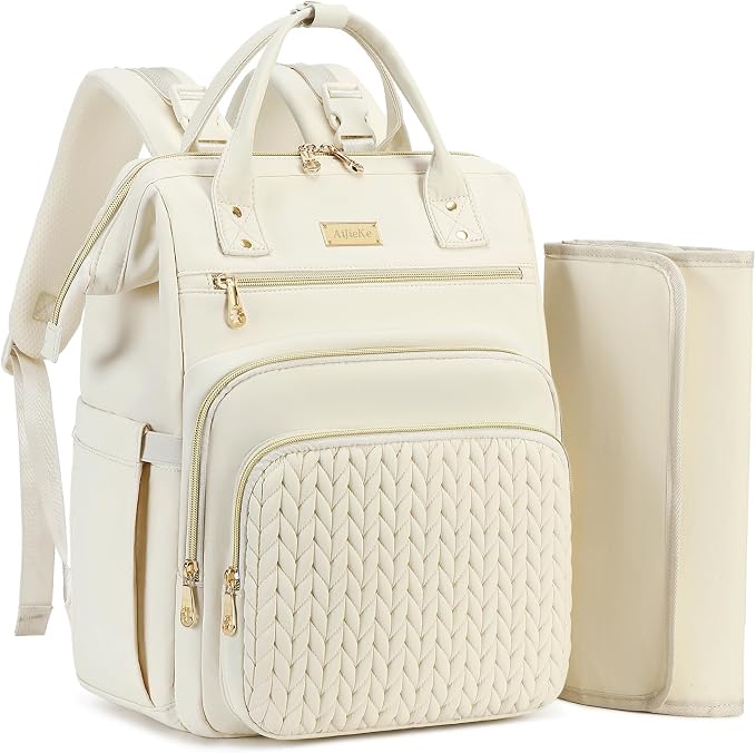 AIJIEKE Large Diaper Bag Backpack, Extra Wide Travel Diaper Bag, Beige | Multi-functional waterproof maternity bag. Changing pad, stroller straps, insulated wet/dry pocket. Mom, dad, toddler travel by AIJIEKEDirect