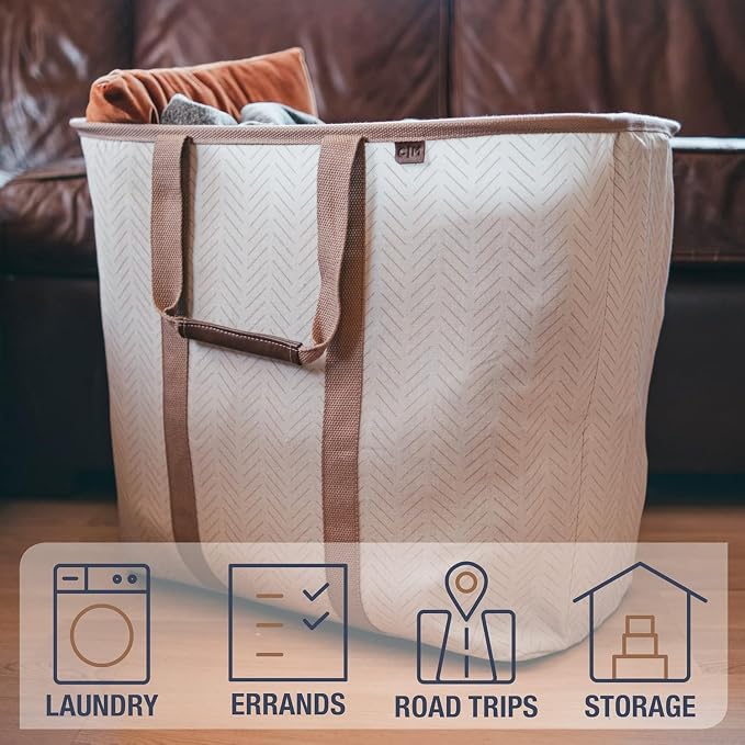 CleverMade Collapsible Fabric Laundry Hamper Premium, Cream Herringbone, 2 Pack | Upgrade Visible Laundry Storage | Refined Fabric and Vegan Leather Suit Open Rooms, While Structured Frame Carries 2 Loads - Image 4
