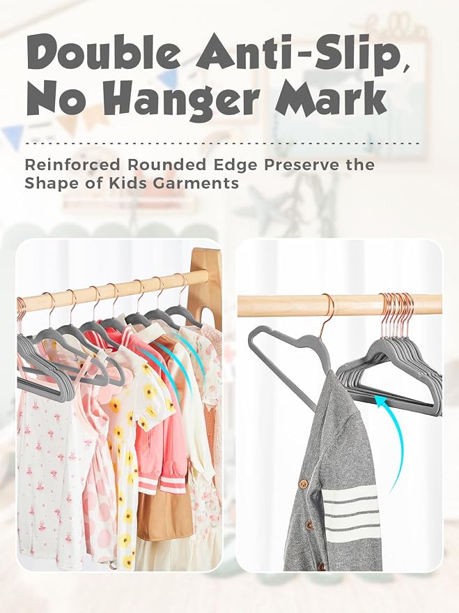 Kids Velvet Hangers 50 Pack, 14 Inch Premium Non Slip Kids Felt Hangers for Closet, Space Saving Toddler Clothes Hanger for Youth's Childrens' Clothes (Rose Gold Hook)- Grey | Premium Kids Hangers for Closet Storage, Space Saving Toddler Clothes Hanger... - Image 2