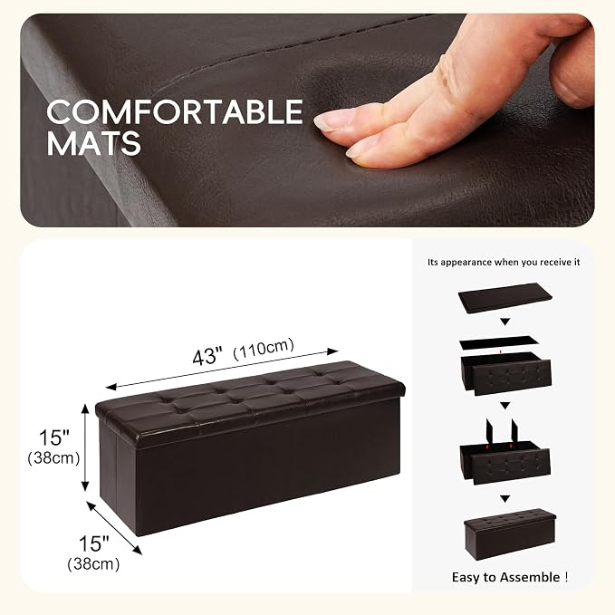 PINPLUS Folding Storage Ottoman Bench, Brown Faux Leather Long Storage Chest Footstool Seat, Bench for Bedroom and Hallway, 43.3"x15.7"x15.7" - Image 3
