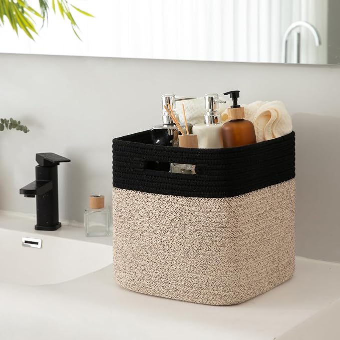 OIAHOMY Cube Storage Basket, 3-Pack Woven Cotton Rope Baskets for Storage, 11-Inch Cube Basket with Handles, Great for Shelves, Closets, Children's Toy Storage and Organization-Black & Brown - Image 6