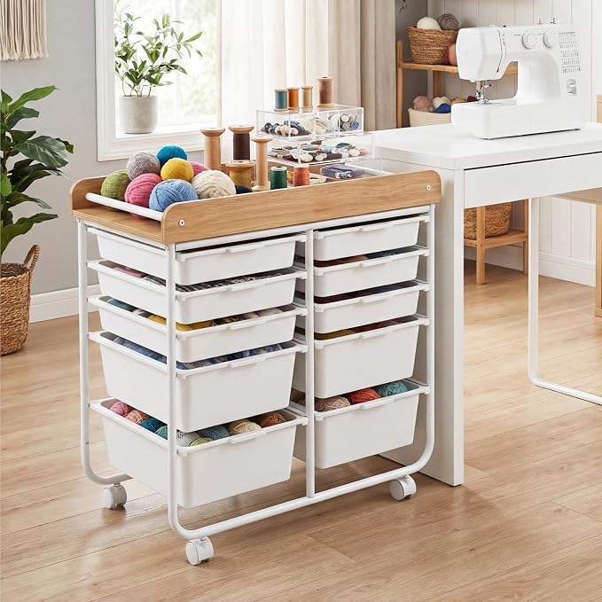 Rolling Storage Cart with 10 Drawers, Plastic Large Capacity Craft Organizer on Wheels with Wooden Top, Mobile Art Supply Utility Cart for Classroom, Home, Office - Image 9