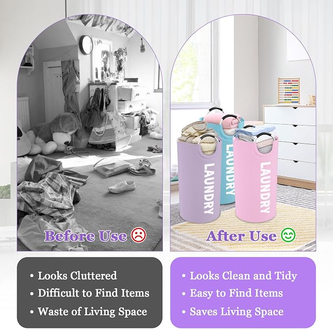 3PCS 95L Collapsible Laundry Basket, Oxford Hamper with Handle for Family | IHOMAGIC Freestanding Dirty Clothes Hamper, Laundry Bin, Storage Basket for Bedroom, Living Room, Pink+Blue+Purple - Image 7