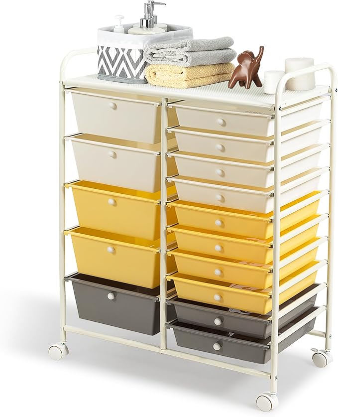 DREAMADE Rolling Cart with 15 Drawers, Lockable Wheels, Removable & 2-Sized Storage, Art Cart for School, Home, Crafts, Scrapbook (Yellow) by DREAMADE