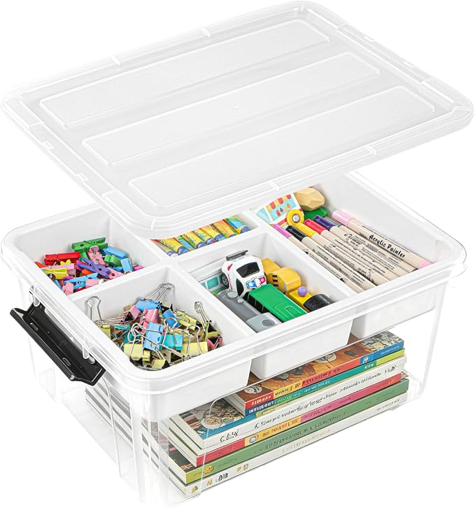 EOENVIVS 17 QT Clear craft storage organizer box with Removable Tray, Plastic storage bins with lids for Kids Art Supplies, Toys, Beads, Tools, Sewing & Classroom Clear+Black Bulcket by EasyCozyHomey