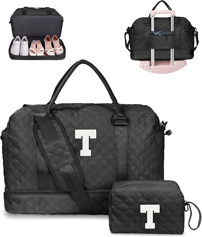 Granddaughter Gift Initial Duffle Bag with Shoe Compartment | Graduation Gift for Teens-Personalized Weekender Overnight Travel Bag, Letter Gift for Kid-Women Gifts for Birthday by Vogewood