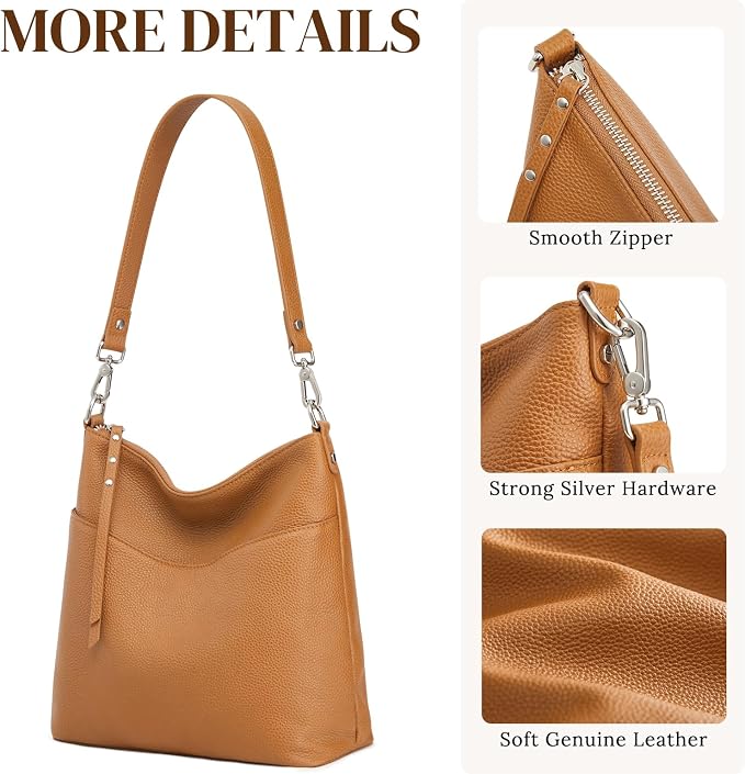 S-ZONE Leather Purses for Women Tote Shoulder Crossbody Bag 2 Straps | Top Grain Leather, Soft, Medium, Bucket Hobo Handbag, Multi Pockets, Vintage Casual, Travel Eveyday Work - Image 6