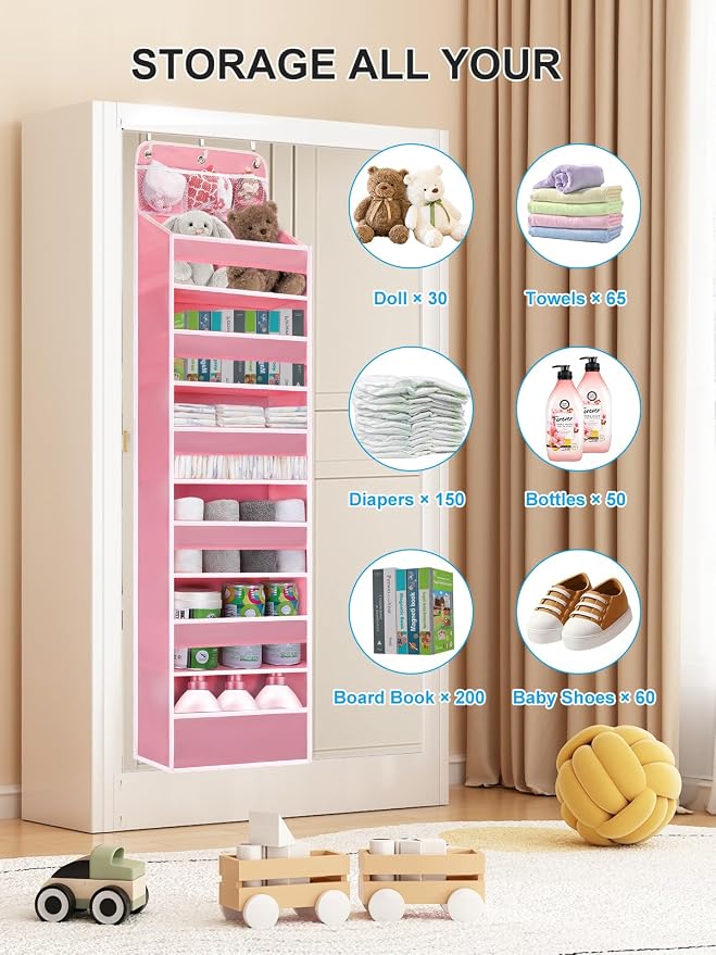 Over Door Hanging Organizer, No Tilt Baby Closet Organizer for Diaper Kids Toys, Hanging Organizer Storage for Newborn Essentials Nursery Bathroom (6 tier Pink) - Image 4