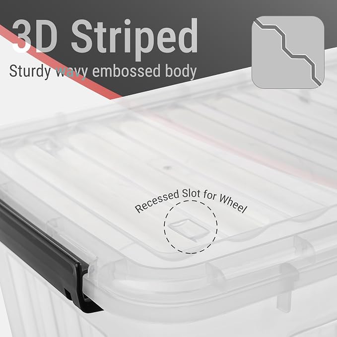Cetomo Plastic Storage Bins, Lidded Storage Box with Wheels for Home Office Dorm, Wheeled, Stackable, Clear, 40Quart-4 Pack - Image 5