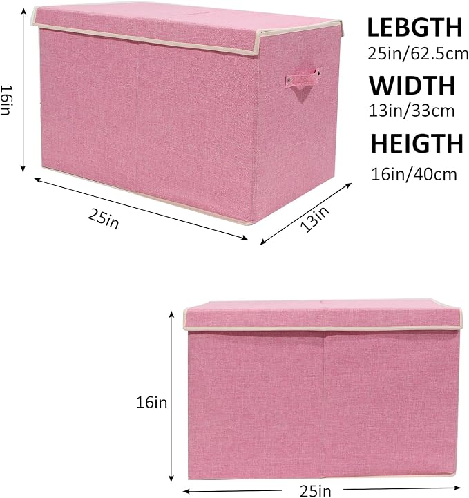 Large Toy Box Chest Storage with Flip-Top Lid, Kids Toy Storage Bin Boxes | Toy Chest with Rivets Handles for Kids, Boys, Girls, Nursery, Playroom, Living Room, Bedroom, 25"x 13" x 16" (Linen Pink) - Image 4