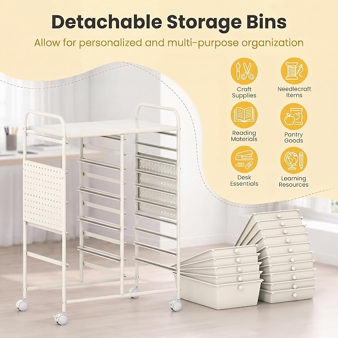 DREAMADE 15-Drawer Rolling Storage Cart, Craft Organizer Cart, White | Mobile Utility Cart with Metal Pegboard Panels, Tabletop and Lockable Wheels for Classroom, Office, Studio and Playroom - Image 7