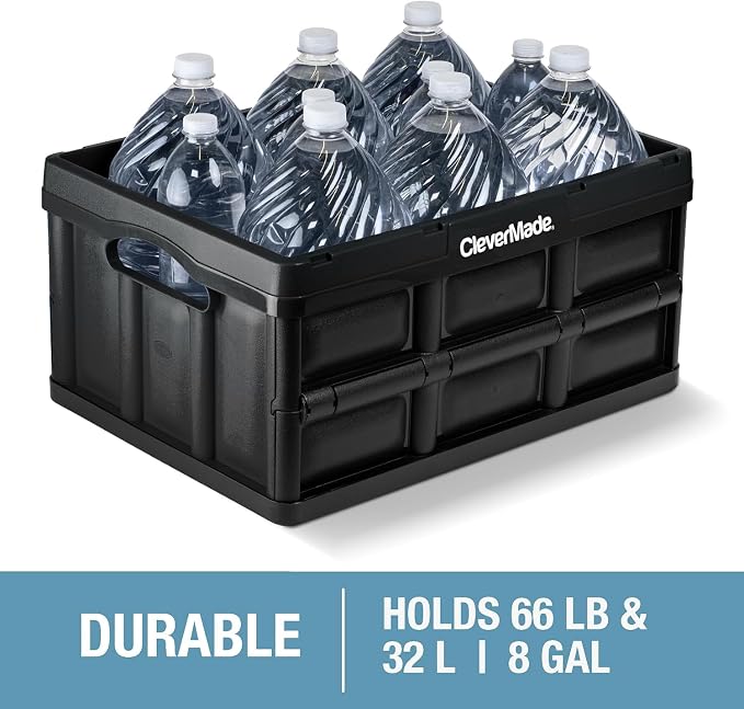 CleverMade Collapsible Storage Bins, 32L, 3 Pack Foldable Storage, Obsidian | Turn Trunk and Garage Clutter into Stackable Order | Reinforced Plastic Handles Up to 66 lb, Then Nests Compactly When Folded - Image 5