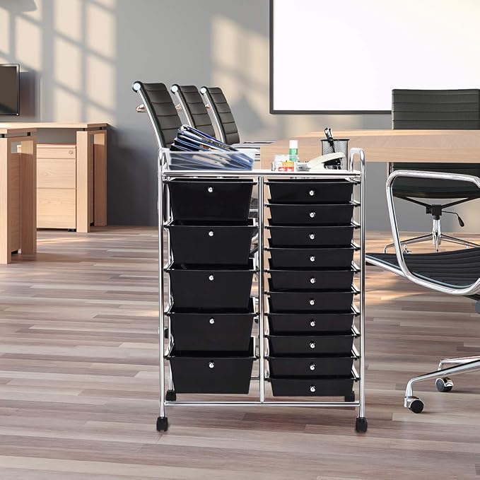 RELAX4LIFE 15 Drawer Rolling Storage Cart, Mobile Drawer Carts for Craft Art Supply Paper Salon, Utility Cart on Wheels for Classroom Teacher School Office, Rolling Cart with Drawers (Black) - Image 7