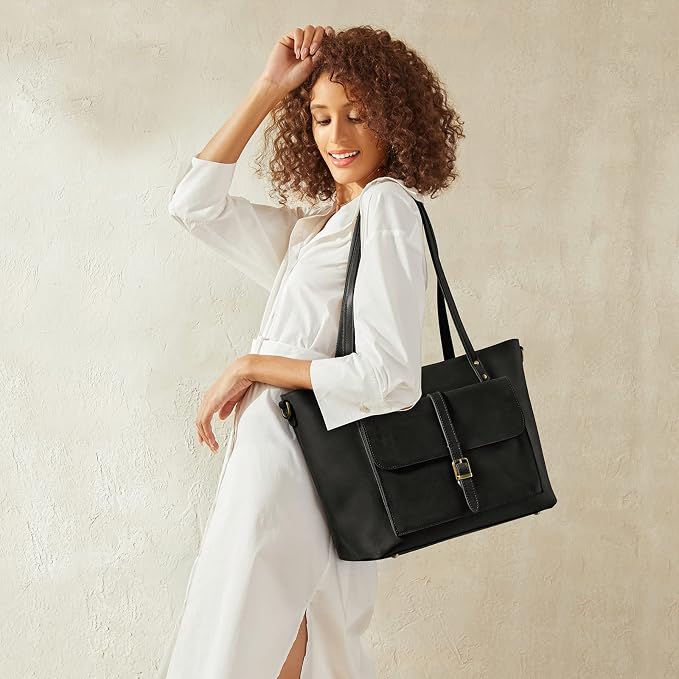S-ZONE Women Vintage Genuine Leather Tote Bag Large Shoulder Purse Work | 14" Padded Laptop Compartment, Detachable Long Strap, Luggage Strap, Multi Pockets, Travel Everyday - Image 2