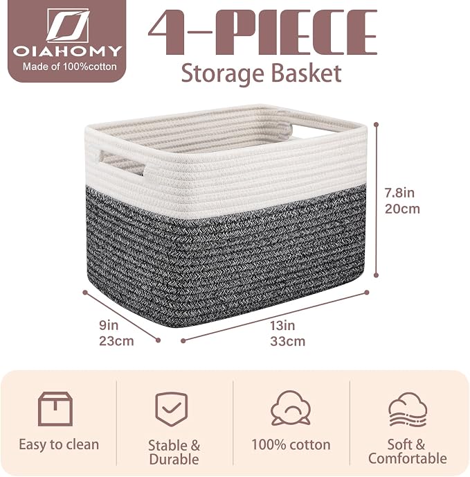 OIAHOMY 4 Pack Storage Basket, 13"x9"x7.8" Cotton Rope Baskets for Shelves, Closet Organizer for Bedroom & Living Room, Soft Decorative Bins for Organizing Towels, Books & Toys, Black & White - Image 2