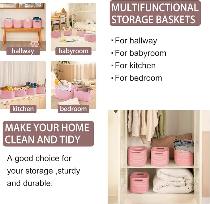 OIAHOMY 4 Pack Storage Baskets for Organizing 15L Cube Storage Bins Pink | Woven Baskets for Storage Rectangle Small Baskets With Handles Baskets for Shelves Wicker Baskets for Shelves 12.7x9x7.8inch - Image 6