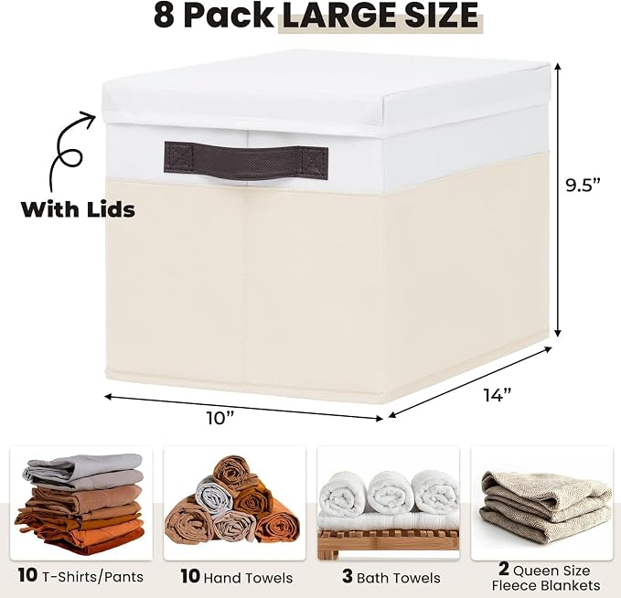Large Closet Organizer Bins with Lids 8 Pack - Nursery Storage Baskets for Shelves Bedroom Dorm - Stackable RV Closet Organization Cubes Box with Handles for Clothes Purse Blanket Towel Magazine - Image 2