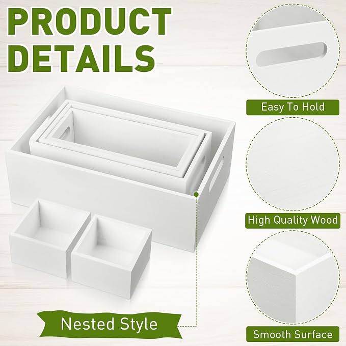 Set of 6 Wood Storage Boxes with Handles Wooden Nesting Crates Rustic Farmhouse Storage Container for DIY Crafts Party Home Table Decoration Display(White) - Image 4