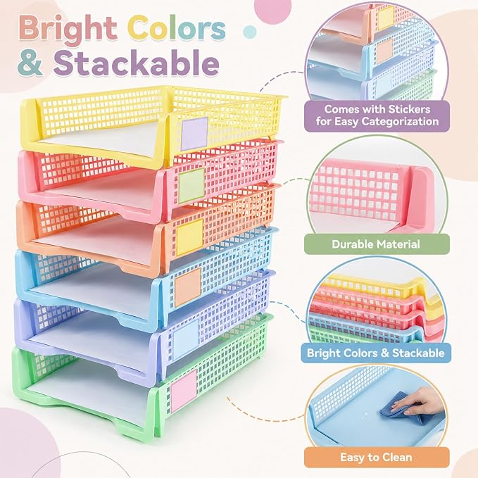 Set of 6 Pastel Turn in Trays with Label Stickers for Teachers Stackable Classroom Paper Letter Trays Plastic Classroom Desk Letter Organizer Tray Storage Baskets for Library, Drawers, Office, Home - Image 3