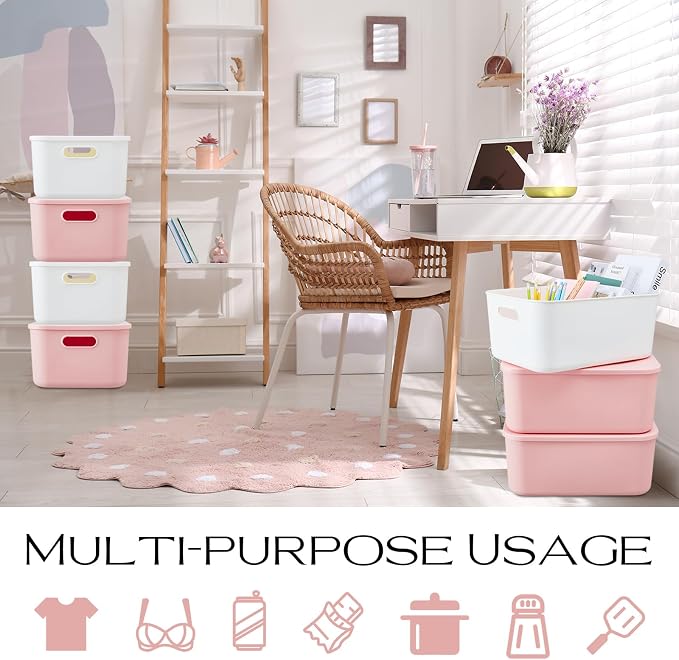 8 Pack Storage Bins, 13.8 X 9.8 X 5.9 Inch White and Pink | Plastic Stackable Containers with Lid Handle, For Shelves Desktop Playroom Office, Organizing Toys Books Supplies Storage - Image 5