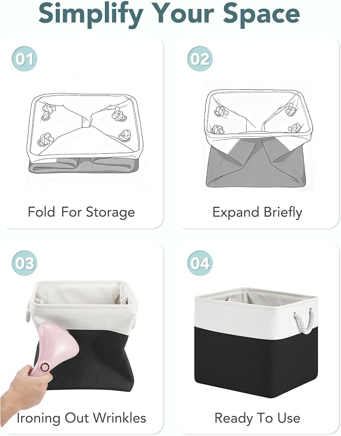 13x15x13 Inch Large Storage Bins with Cotton Rope Handles 6-Pack | Foldable, Top support of metal frame, Bottom with Cardboard Support, Fabric Cube Storage Bins for Closet, White Black - Image 6