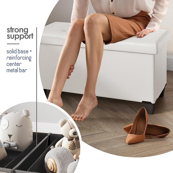 Storage Ottoman Bench with Bins, 30-in Storage Bench for Bedroom End of Bed, Folding Foot Rest Ottoman for Living Room Max 660lbs, Faux Leather Ottomans, Cream - Image 5