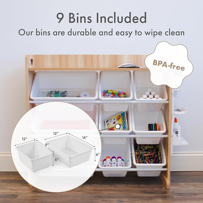 Humble Crew Kids Toy Organizer with Display Shelf, 9 Bins, 3 Tier Storage | Sturdy wood and steel toddler shelf, removable BPA-free containers, wall anchor anti-tip safety kit for bedroom or classroom - Image 4