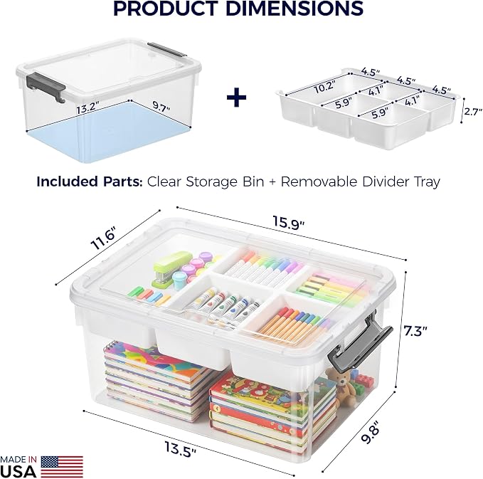 17QT 2Packs Clear Craft Organizers and Storage with Fixed-Compartment Tray, Art Supply Organizers and Storage, Craft Storage Bins with Lids for Beads, Markers, Playdoh, Tools and Coloring Books - Image 3