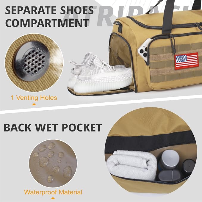 Tactical Gym Bag for Men, 40L Duffle Bag with Shoes Compartment for Travel | Water-Resistant Sports Weekender Bag with Adjustable Shoulder Strap Wet Pocket for Gym,Travel,Hiking,Camping Overnight Trips - Image 7