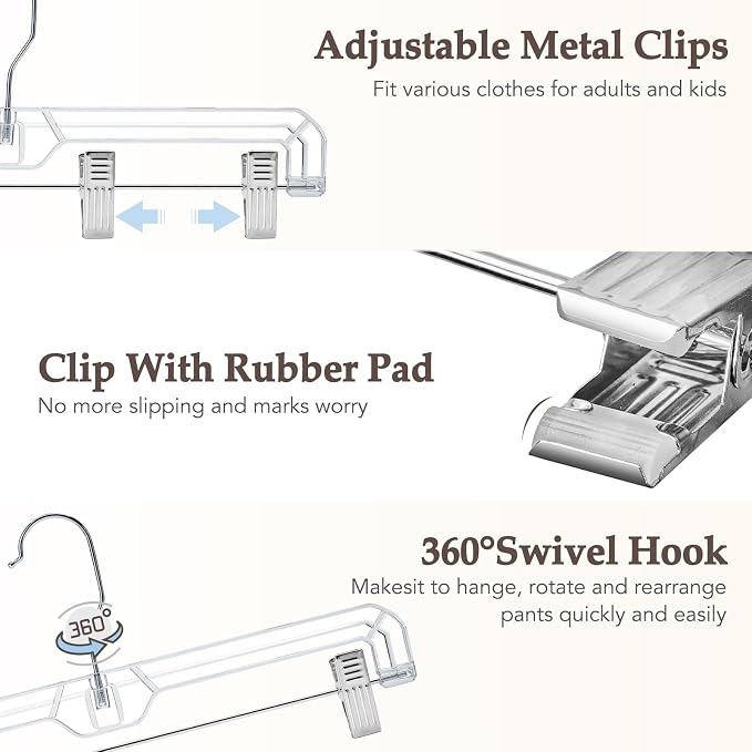 HOUSE DAY 100 Pack Heavy Duty Clear Pants Hangers, 14'' Skirt Hangers | No-Mark Clip Hangers with Stronger Grip, Adjustable Clips for Jeans, Pants, Skirts and Shorts, Bulk Retail, Boutique Hangers - Image 3
