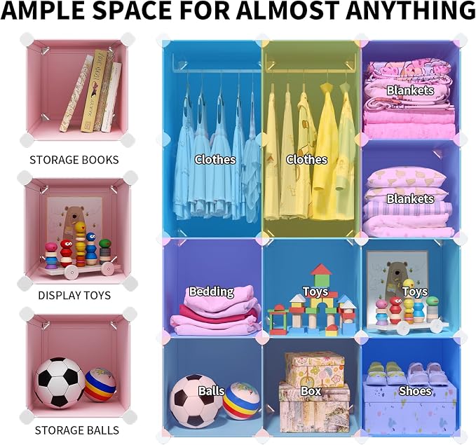 VIPZONE Baby Dresser, Kids Closet Organizers, Portable Kids Wardrobe for Closet, Bedroom, Nursery, Cubby, Cabinet, Clothes, Dress, Baby Storage Shelf, Armoire Clothes Hanging (Blue) - Image 3