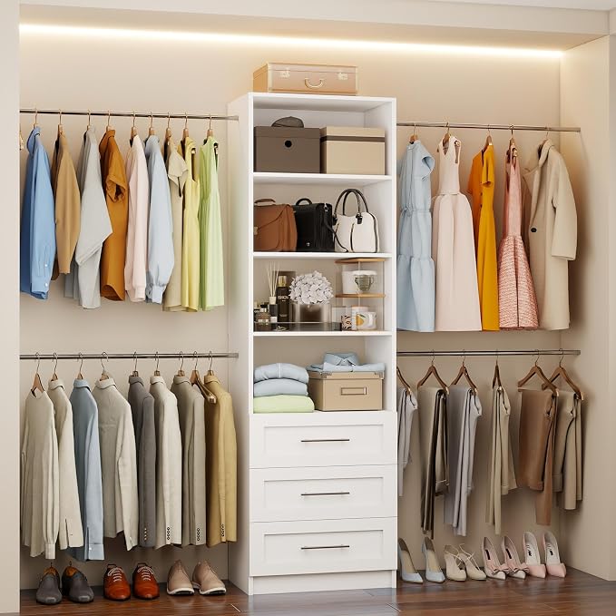 Fastgo Closet System with Drawers, 5-9FT Closet Organizer System with 4 Expandable Rods & Adjustable Shelves for Walk in Closet, 96” Built in Closet System Tower, Small Closet Storage System, White by fastgo