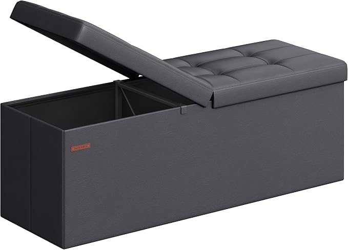 SONGMICS MAZIE Collection - 43 Inches Storage Ottoman Bench with Flipping Lid, Storage Chest with Iron Frame Support, Load 660 lb, for Living Room, Bedroom, Synthetic Leather, Dark Gray ULSF075G01 by Unknown