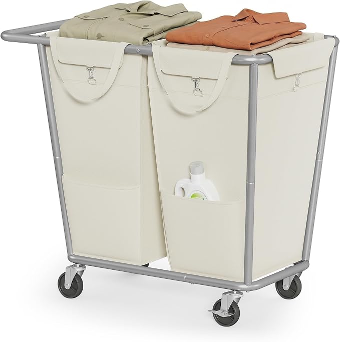 SONGMICS Laundry Basket with Wheels, 2-Section Laundry Sorter, 50.2 Gallons (190 L) Rolling Hamper with Removable Bags, Heavy-Duty Steel Frame, Cream White URLS009W01 by Unknown