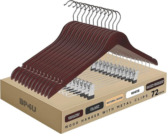 Wooden Hangers with Adjustable Metal Clips, 72-Pack, Dark Cherry | Solid Wood Hangers with 360° Rotatable Hook for Skirt, Dress, Coats, Jacket and Pants, Space-Saving and Non-Slip Design by BP4U%E2%84%A2