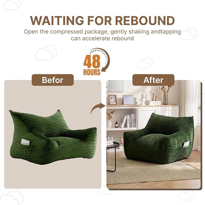Bean Bag Chair for Adults & Kids, Giant Bean Bag Sofa with Side Pocket, Corduroy Beanbag Chair with Armrests, Comfy Stuffed Floor Sofa for Living Room Bedroom Dorm, Green - Image 8