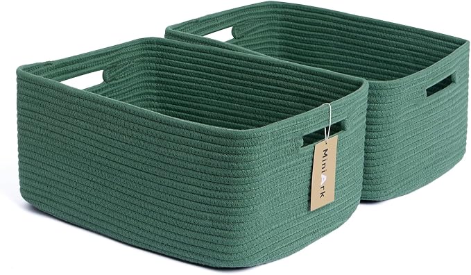 MiniArk Large Storage Baskets for Shelves, 17 x 13 x 7.5” Closet Organizers Bins for Clothes Blanket Towels, Baby Nursery, Toy Baskets Box, Woven Rope Baskets, 2 Packs Green by MiniArkStorageBasketsHome