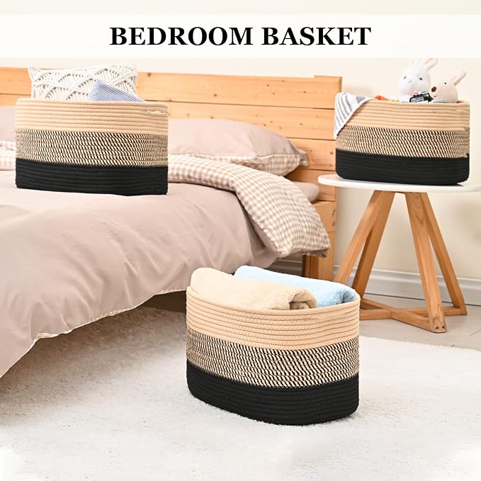 Cotton Rope Storage Baskets for Organizing 3Pack 15"x10"x9" Woven Baskets for Storage,Shelf Baskets Cube Storage Bins Towel Baskets,Toys Baskets Nursery Basket Laundry Baskets(Black/Brown) - Image 5