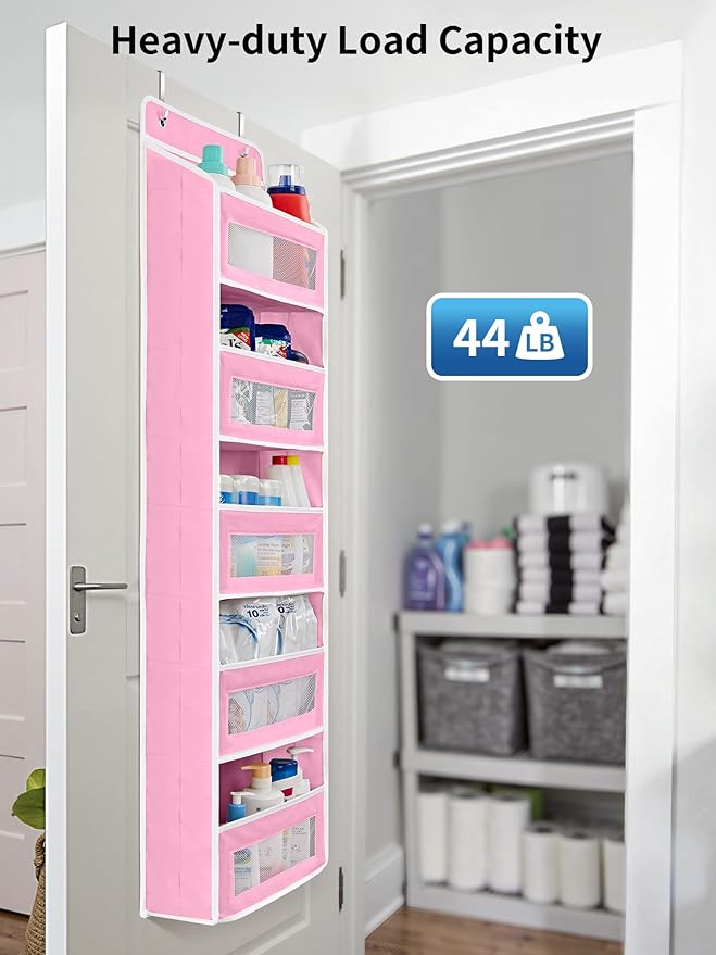 JARLINK Over the Door Organizer for Pantry, Bathroom, 5 Shelf Pink, 2 Pack | Anti-Tilt Design, 44 lb Load Capacity, Hanging Door Organizer with 5 Large Capacity Pockets, Behind Door Storage for Nursery - Image 6